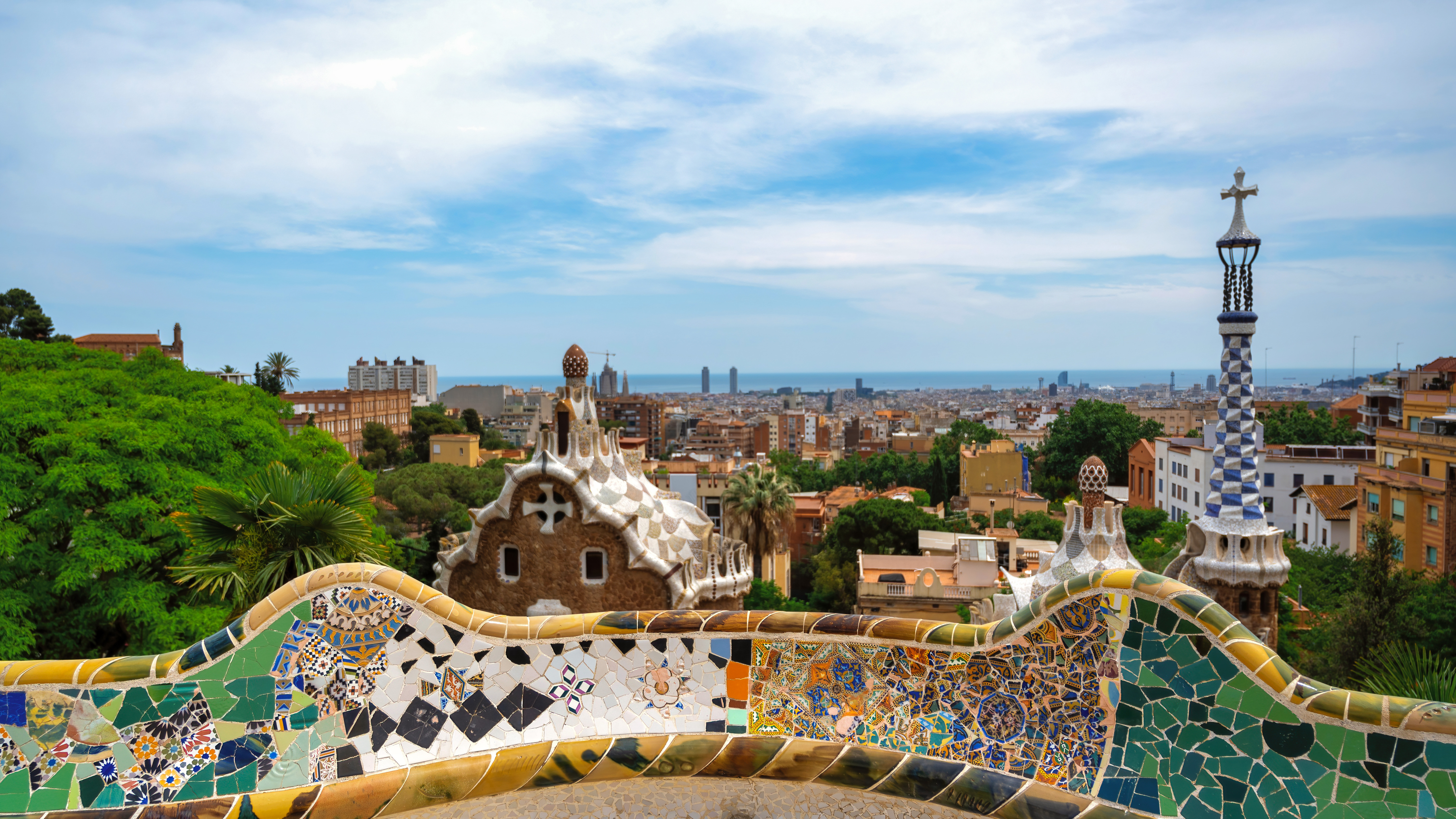 Panoramic view barcelona multiple building s roofs view from parc guell spain